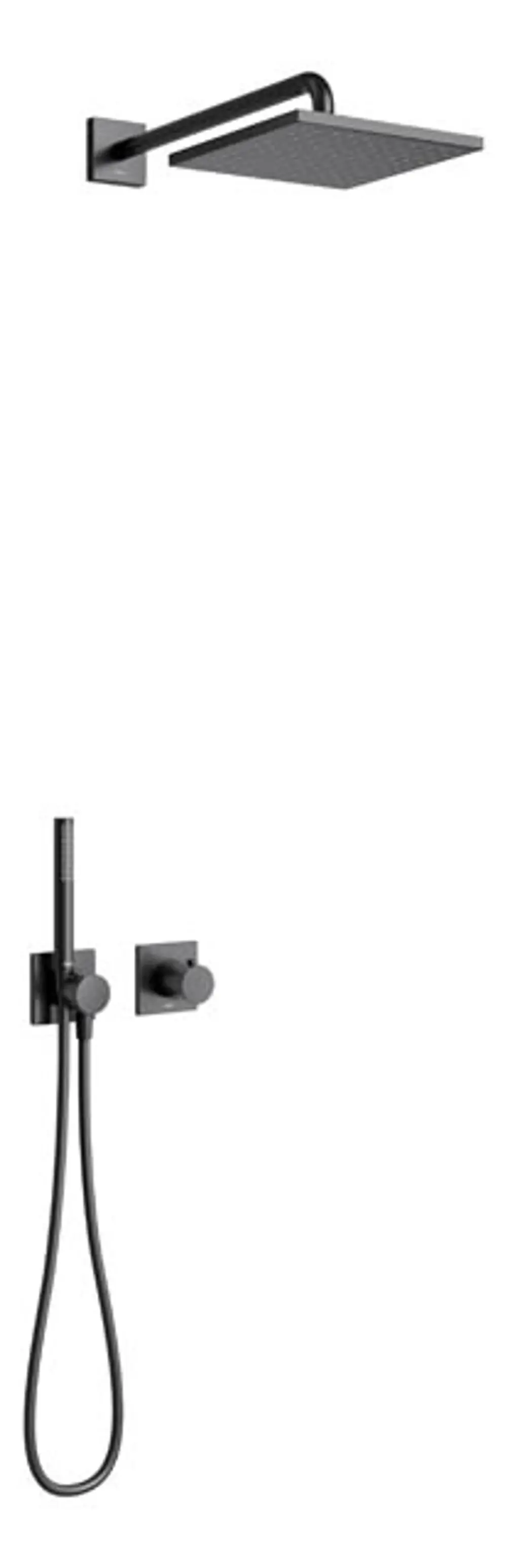 Keuco Duschsystem mit quadratischer Kopfbrause und Handbrause. Schwarz mattes Design. Enthält Wandmontage und Temperaturregler, schlicht und funktional.